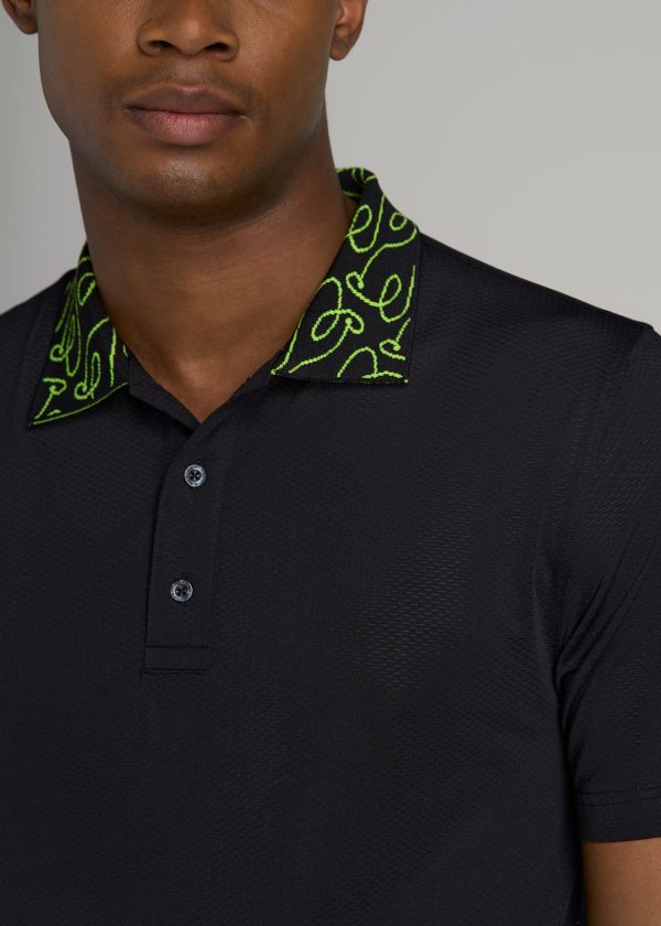 Jacquard Knit Collar Golf Polo Shirt for Tall Men in Black - Image 2