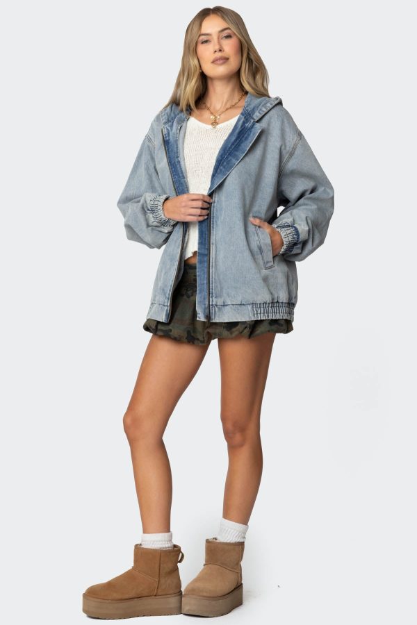 Hooded Vintage Washed Denim Bomber Jacket - Image 3