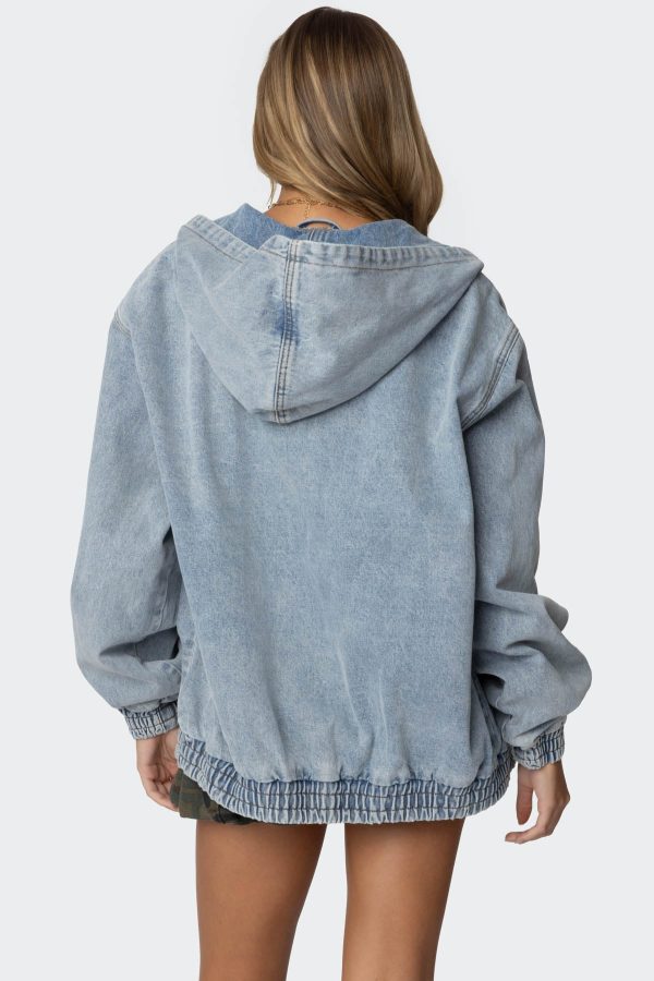 Hooded Vintage Washed Denim Bomber Jacket - Image 5
