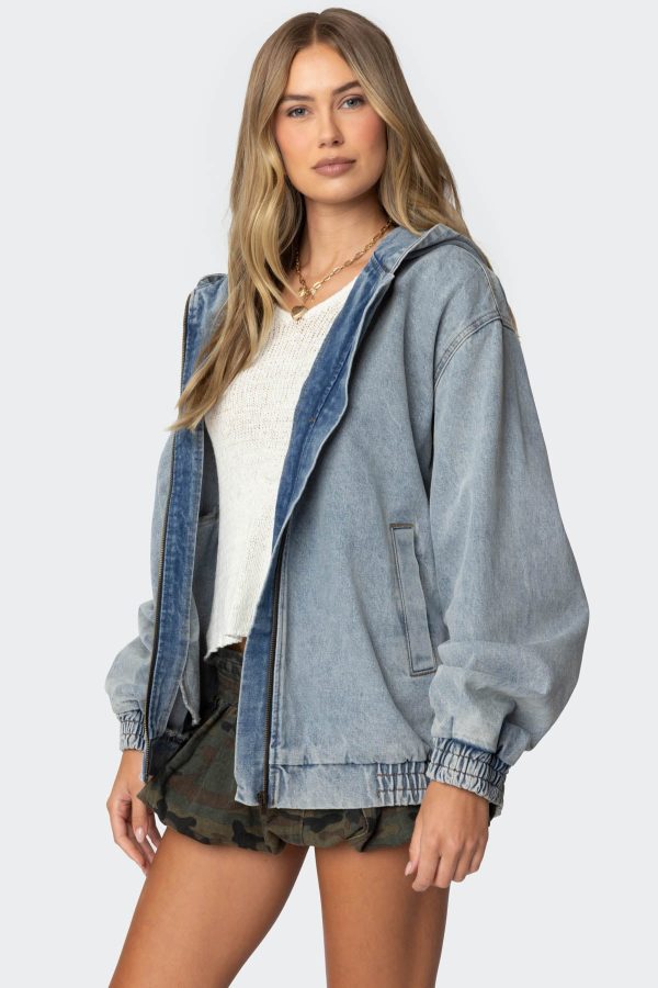 Hooded Vintage Washed Denim Bomber Jacket - Image 4